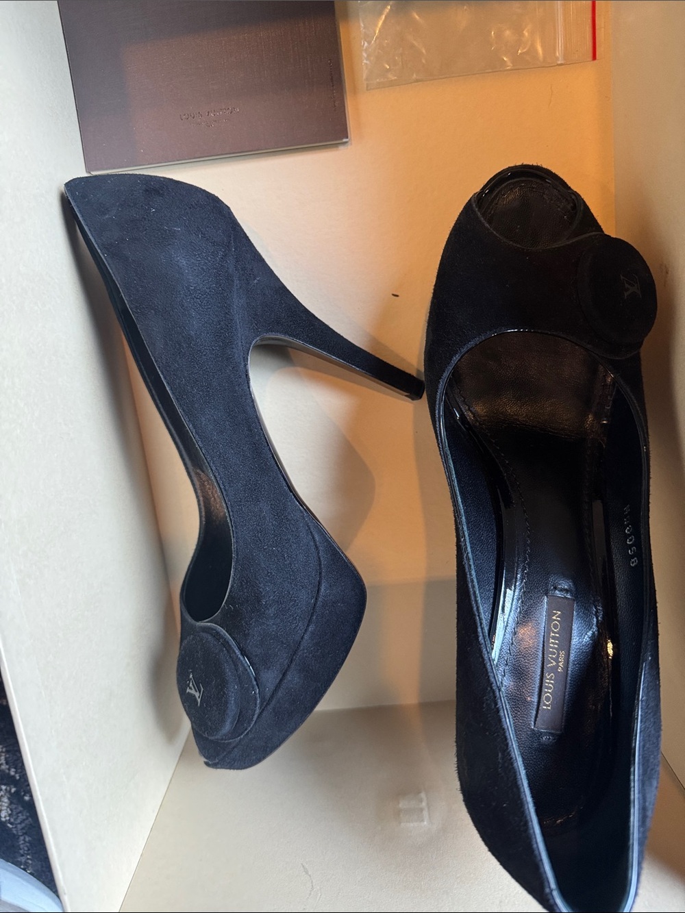 Louis Vuitton Black Suede Peep-Toe Stilettos with Signature LV Accent